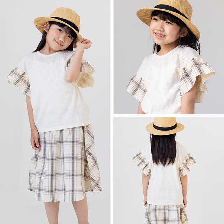 袖総柄フリルTシャツ