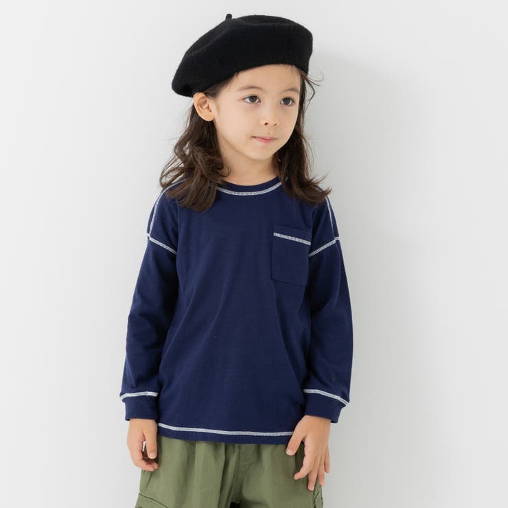 ネイビー | 配色ステッチ 長袖 Tシャツ | chil2