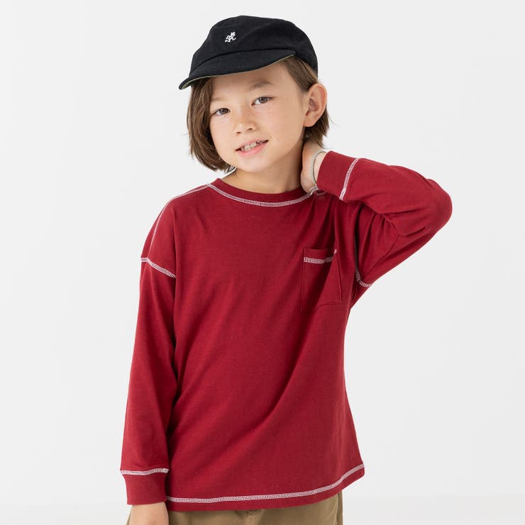 ワインレッド | 配色ステッチ 長袖 Tシャツ | chil2