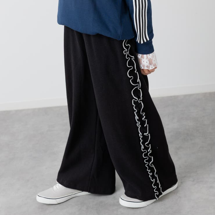 ブラック | 脇フリル ストレッチ ワイドパンツ | chil2