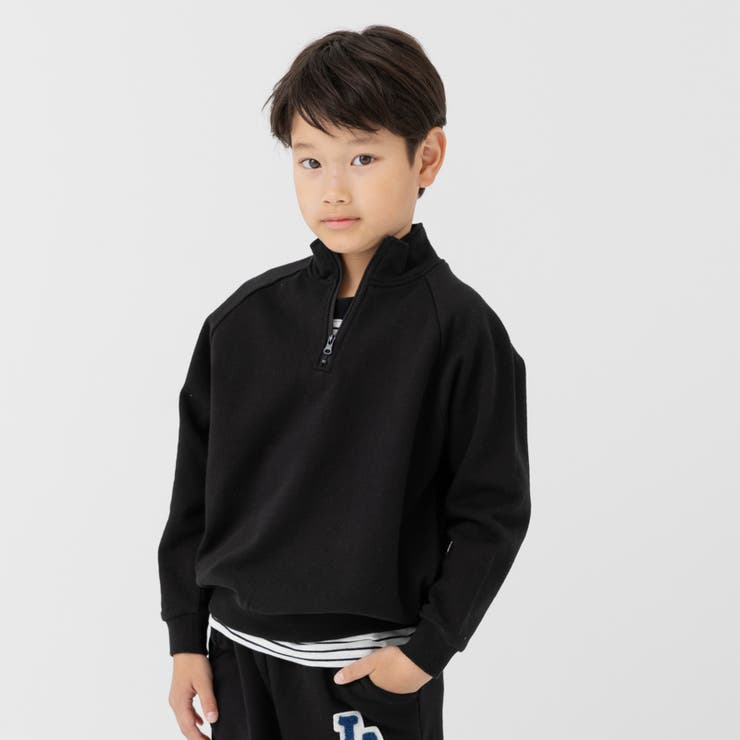 ブラック | 綿100% ハーフジップ トレーナー | chil2
