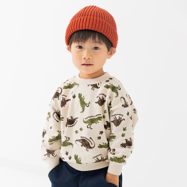 E恐竜/クリーム | 綿100％ 総柄プリント トレーナー | chil2