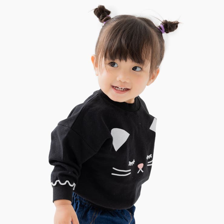 Dねこフェイス/ブラック | 綿100% 袖メロウ プリントトレーナー | chil2
