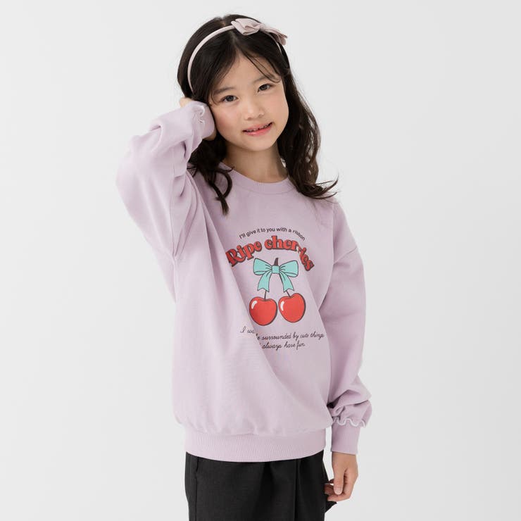 Lさくらんぼ/ラベンダー | 綿100% 袖メロウ プリントトレーナー | chil2
