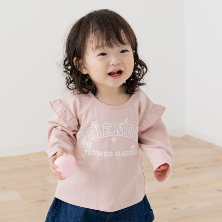 Aロゴ/スモークピンク | 綿100％ 肩フリル 長袖Tシャツ | chil2