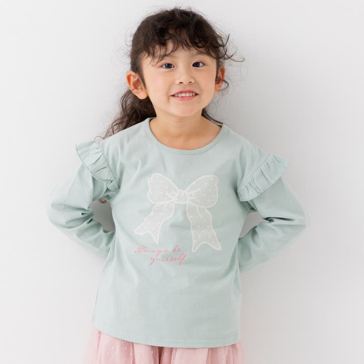 Dリボン/ミント | 綿100％ 肩フリル 長袖Tシャツ | chil2