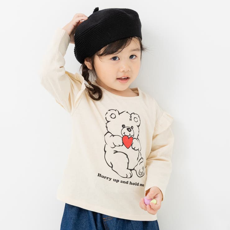 Eくま/クリーム | 綿100％ 肩フリル 長袖Tシャツ | chil2