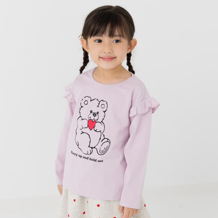 Fくま/ラベンダー | 綿100％ 肩フリル 長袖Tシャツ | chil2