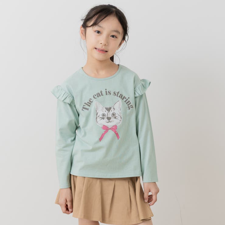 Hねこ/ミント | 綿100％ 肩フリル 長袖Tシャツ | chil2