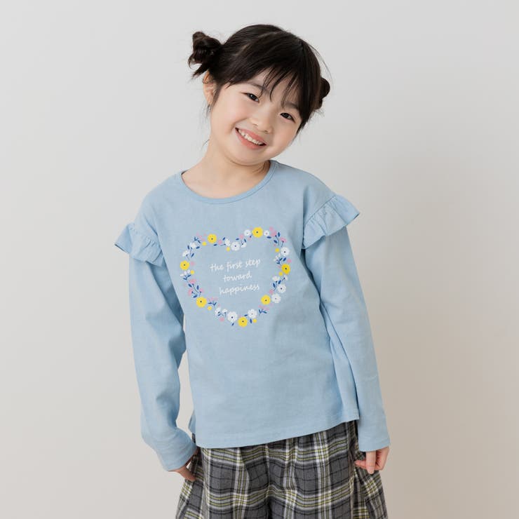 Jハート/サックス | 綿100％ 肩フリル 長袖Tシャツ | chil2