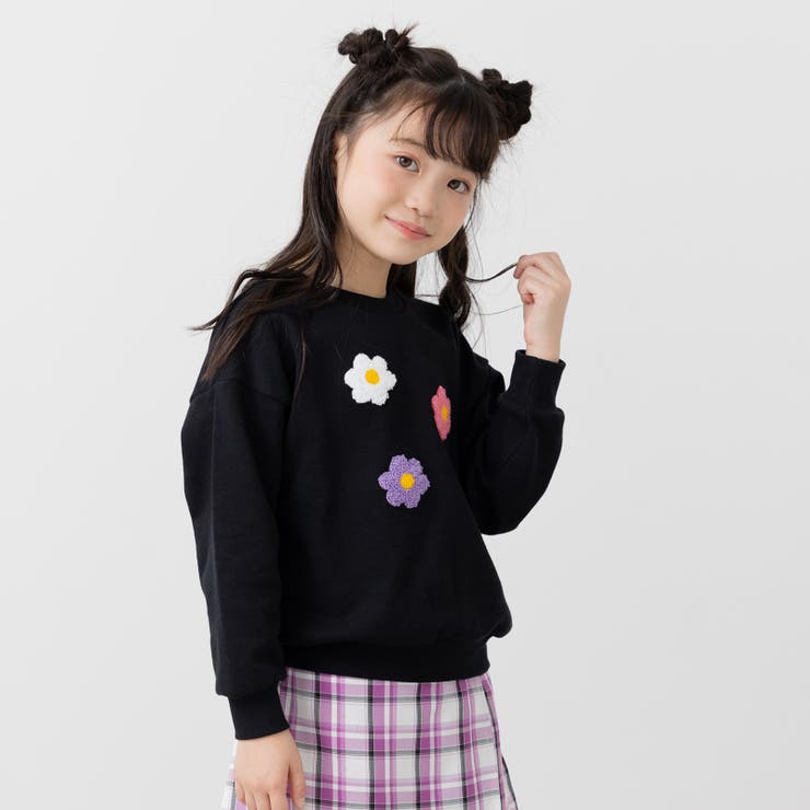 Lフラワー/ブラック | サガラ刺繍 トレーナー キッズ | chil2
