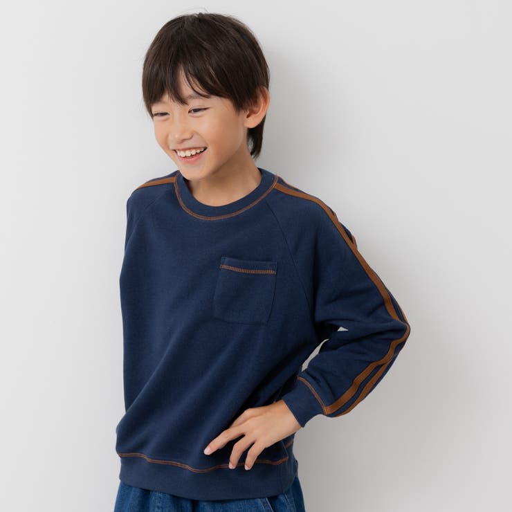 ネイビー | 裏起毛 袖ライントレーナー キッズ | chil2