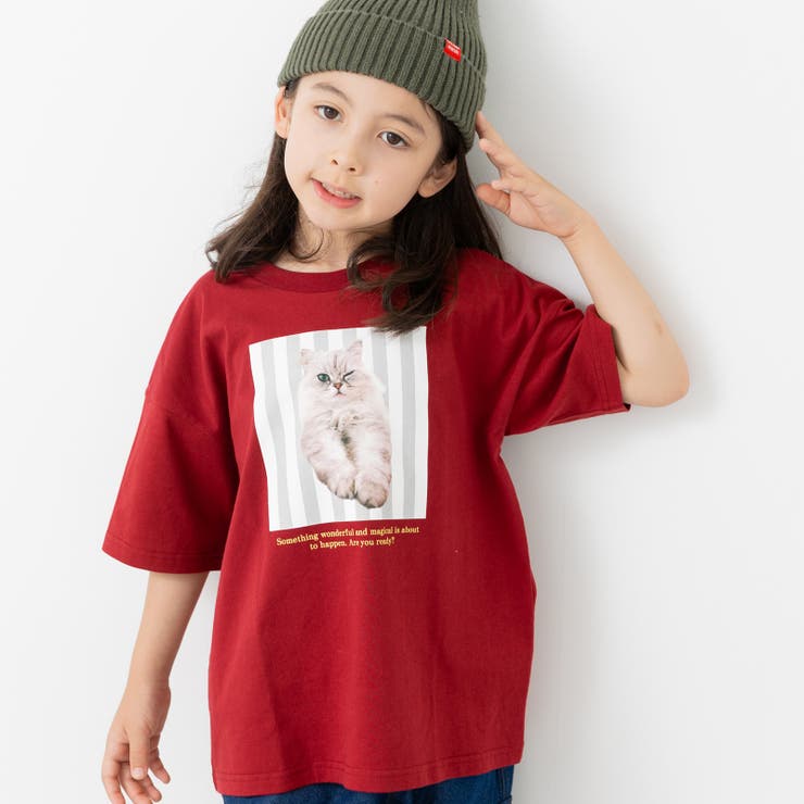 Hキャット/ワインレッド | ビッグシルエット プリント 半袖Tシャツ | chil2
