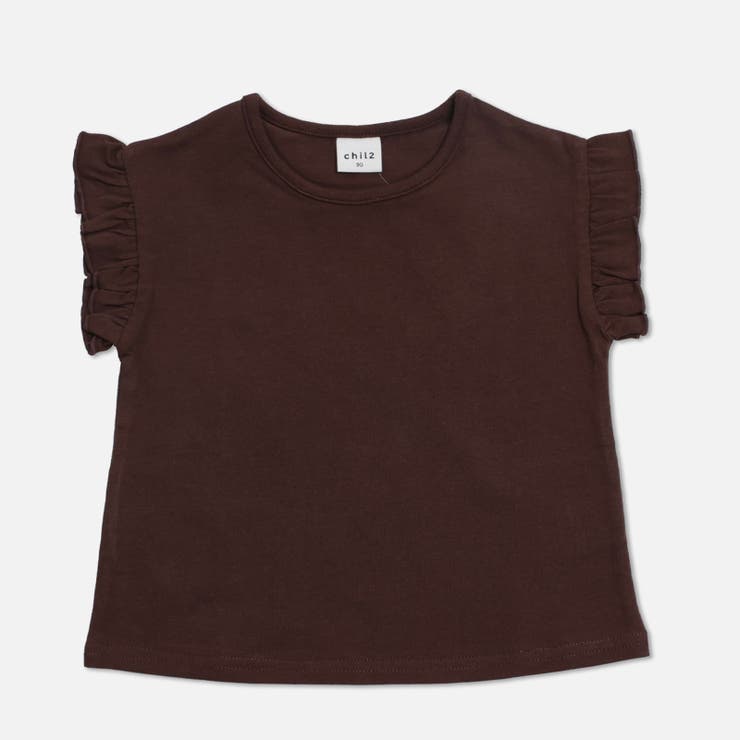 ブラウン | 無地 袖フリル Tシャツ | chil2
