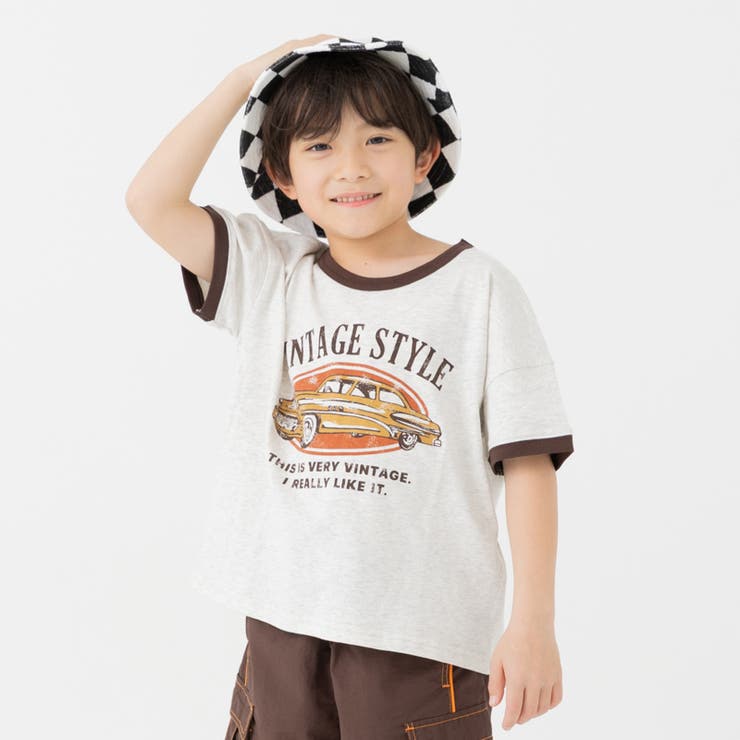 Eくるま/オートミール | プリント リンガー 半袖Tシャツ | chil2