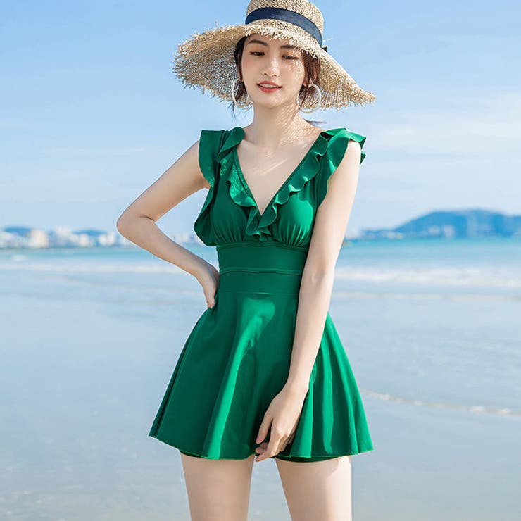 水着 グリーン 体系カバー 可愛い 韓国 人気 コンシャス