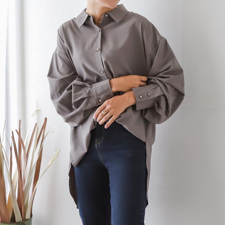 グレージュ】袖ボリューム襟付きシャツ◇シャツ ブラウス チュニック丈