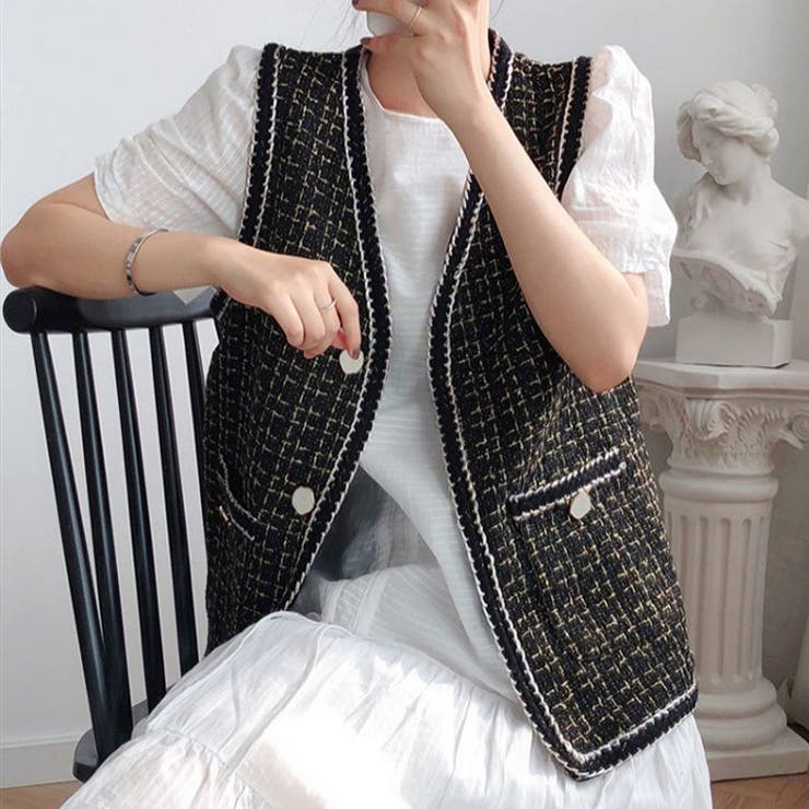 ベスト チェックツイードノースリベスト