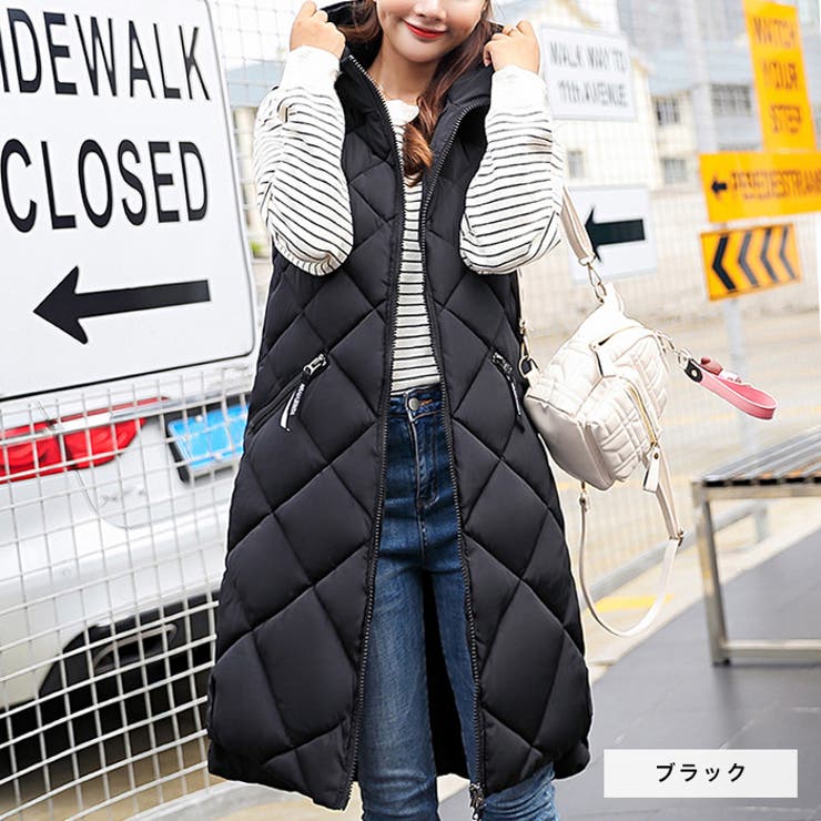 ブラック | フード付き中綿ロングベスト◆アウター 中綿 ベスト | CITRINE Chakra
