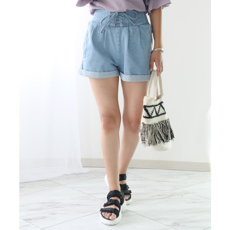 ショートパンツ デニムショートパンツ レースアップ[品番