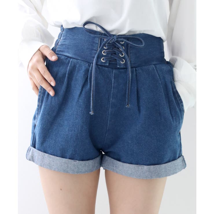 ショートパンツ デニムショートパンツ レースアップ[品番