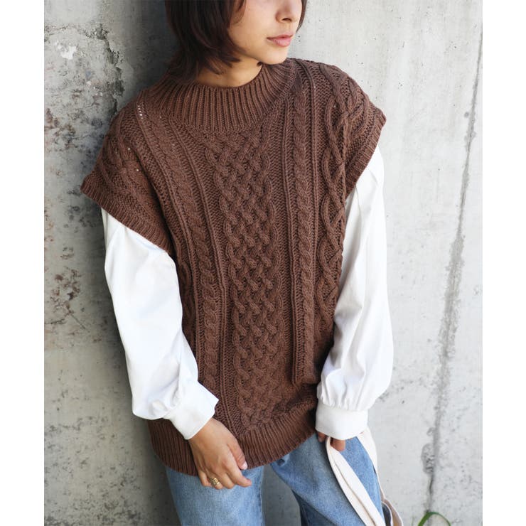 ケーブル編みハイネックベスト ボトルネック タートルネック[品番