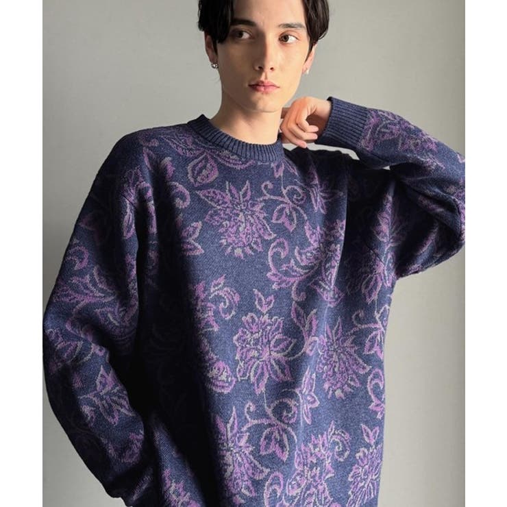 ネイビー | 【classical origin】視線を奪う、ジャガード花柄ニット Jacqu… | Classical Elf Men