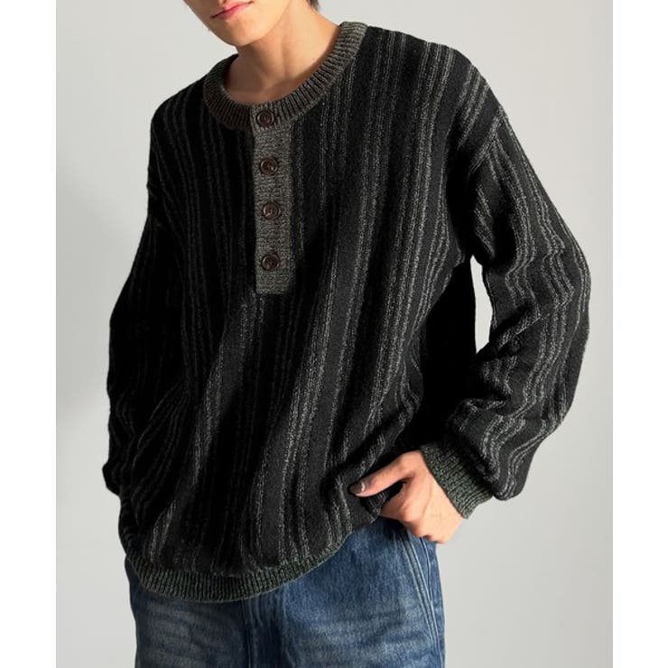 ブラック | ヘンリーストライプニット Henley Striped | Classical Elf Men