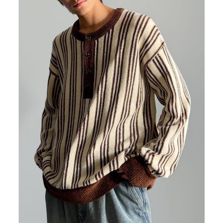 ベージュ | ヘンリーストライプニット Henley Striped | Classical Elf Men