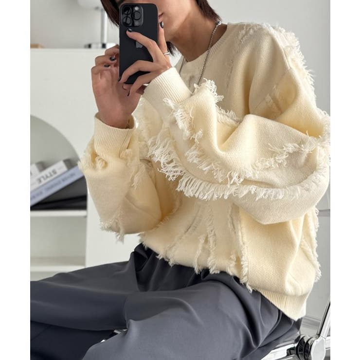 アイボリー | 「着るだけで、印象派」。フリンジデザイン配色オーバーサイズニット Fringe | Classical Elf Men