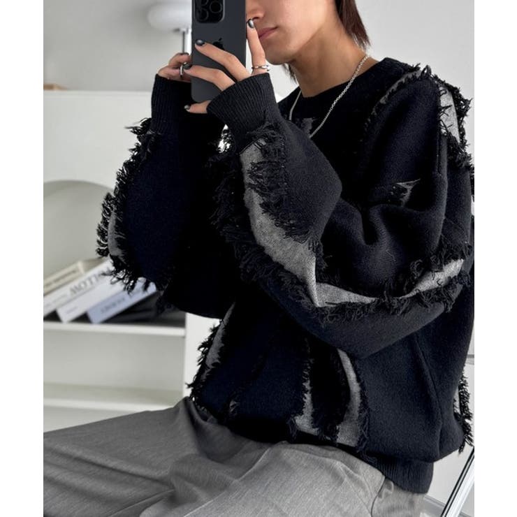 ブラック | 「着るだけで、印象派」。フリンジデザイン配色オーバーサイズニット Fringe | Classical Elf Men