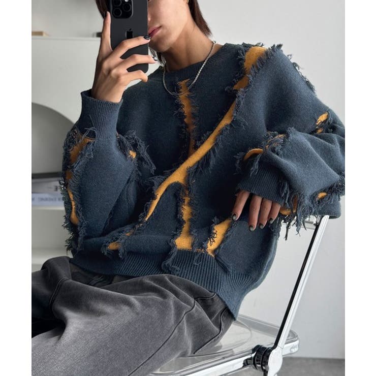 ネイビー | 「着るだけで、印象派」。フリンジデザイン配色オーバーサイズニット Fringe | Classical Elf Men