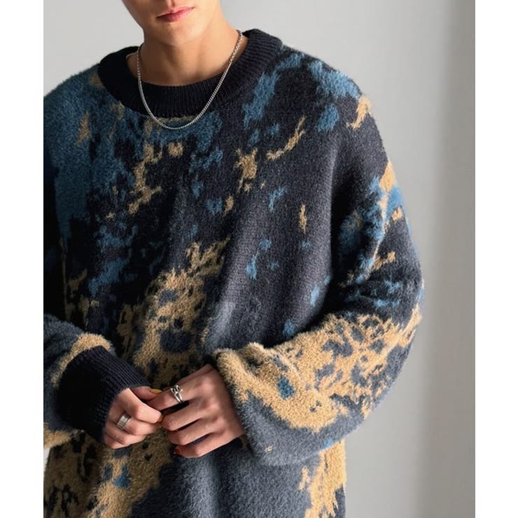 ネイビー | ニュアンス柄Wジャガードシャギーニット Nuanced Pattern | Classical Elf Men