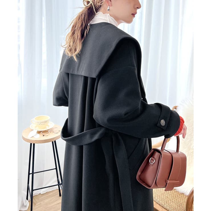 360度レディムード。ニットモッサセーラーカラーロングコート[品番