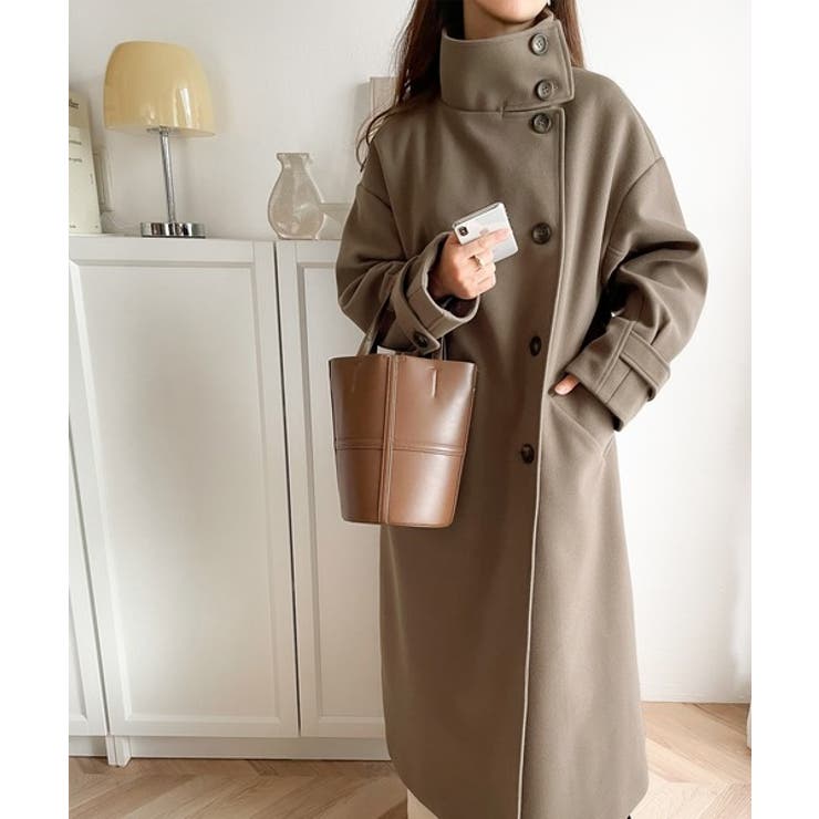 ロング丈が気分♪ニットモッサスタンドカラーロングコート[品番