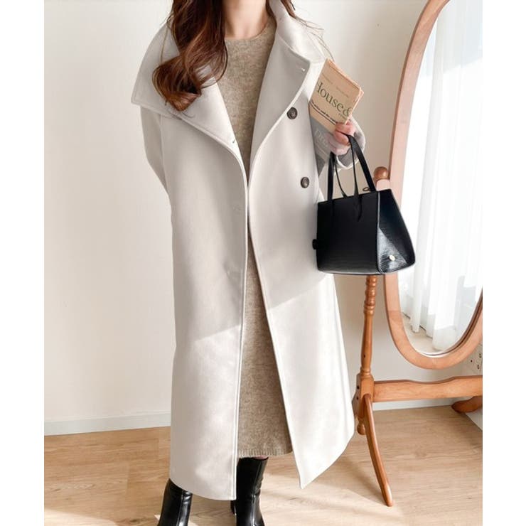 ロング丈が気分♪ニットモッサスタンドカラーロングコート[品番