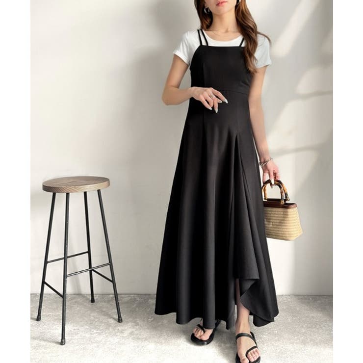 ブラック | 大人のエレガントテイスト。麻調ダブルストラップアシメキャミフレアワンピース | Classical Elf 