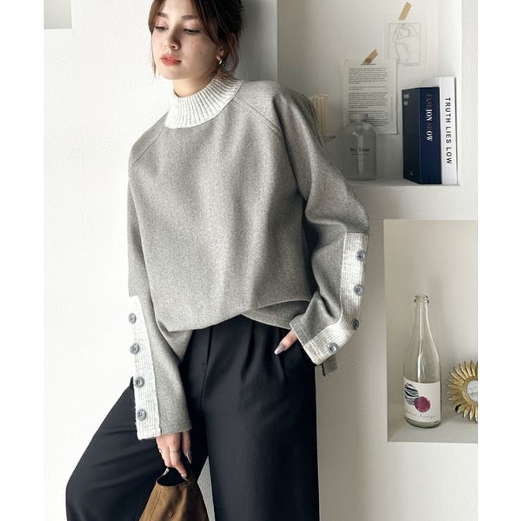 あったかおしゃれ！ 異素材切り替え袖ボタンプルオーバー | Classical Elf  | 詳細画像5 