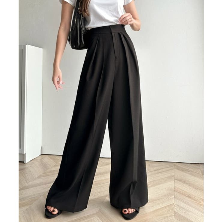 さらっと美脚。細見え2インタックハイウエストワイドスラックスパンツ