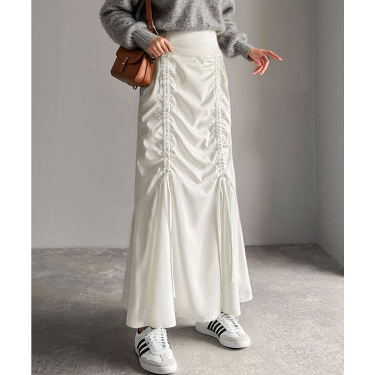 ホワイト | 大人可愛い！愛され美ライン。シャーリングリボン使いマーメイドスカート（ロング丈） | Classical Elf 