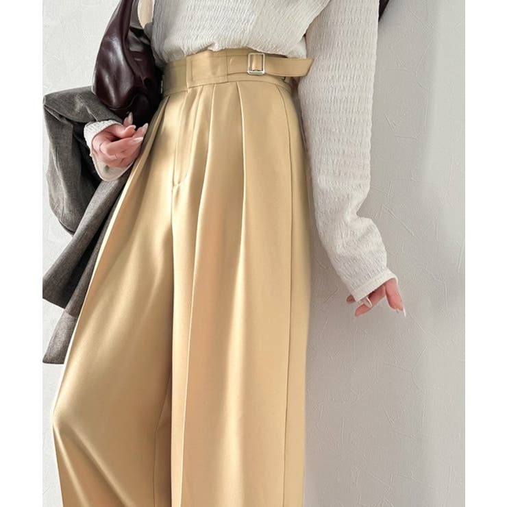 ベージュ | 美しいシルエットの優秀パンツ♪サイドベルトハイウエスト2タックワイドパンツ | Classical Elf 