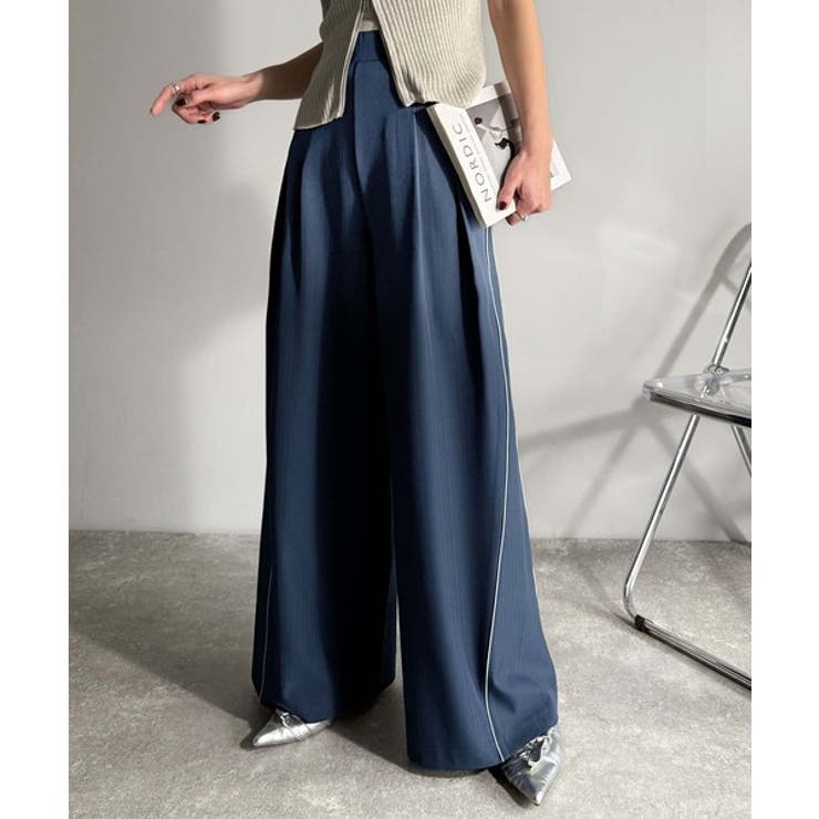 ネイビー | トレンドライクな美シルエット。パイピングジャージワイドパンツ（接触冷感機能 防シ… | Classical Elf 