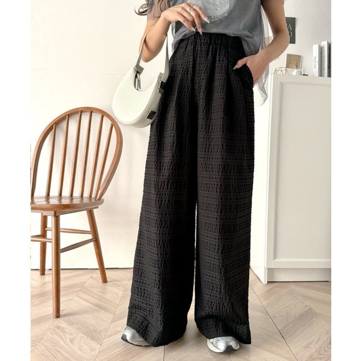 スタイリッシュデザイン&大人リラックシー。美脚魅せサッカー素材ワイドストレートイ… | Classical Elf  | 詳細画像2 