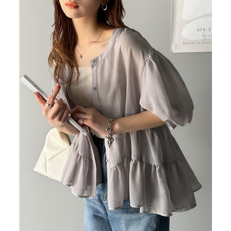 ライトグレー | ふんわりフリルで可愛さ倍増！2重ボリューム袖透けティアードブラウス（半袖） | Classical Elf 