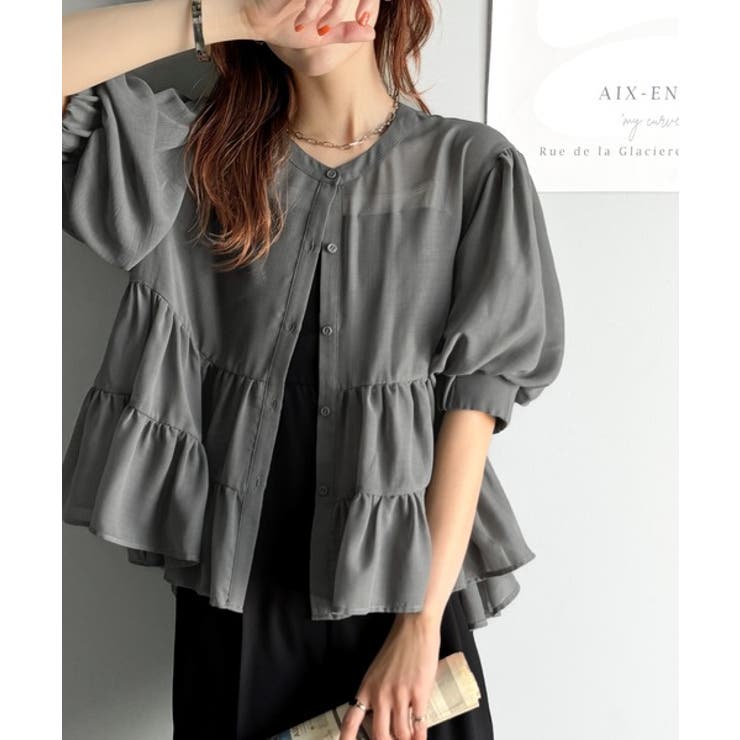 チャコール | ふんわりフリルで可愛さ倍増！2重ボリューム袖透けティアードブラウス（半袖） | Classical Elf 