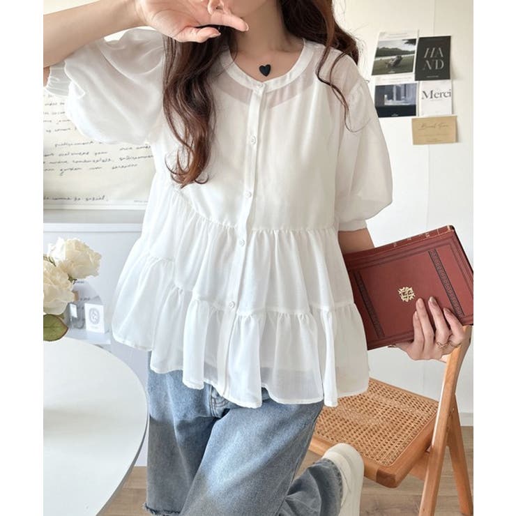 ふんわりフリルで可愛さ倍増！2重ボリューム袖透けティアードブラウス（半袖） | Classical Elf  | 詳細画像1 