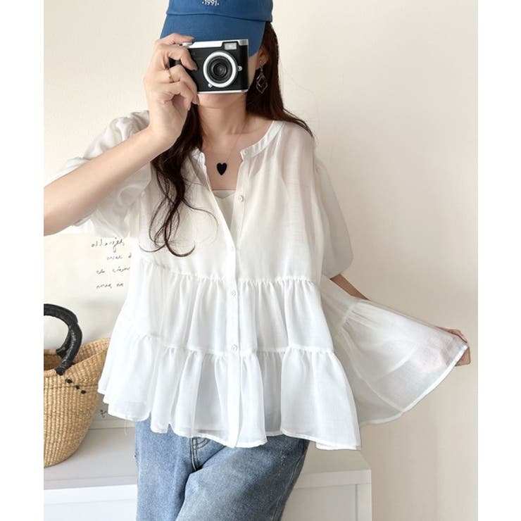 ふんわりフリルで可愛さ倍増！2重ボリューム袖透けティアードブラウス（半袖） | Classical Elf  | 詳細画像4 