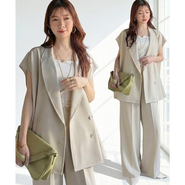 アイボリー | 【2点セット】さらっと素材で上品に決まる。ダブルテーラードジレ×タックパンツセッ… | Classical Elf 