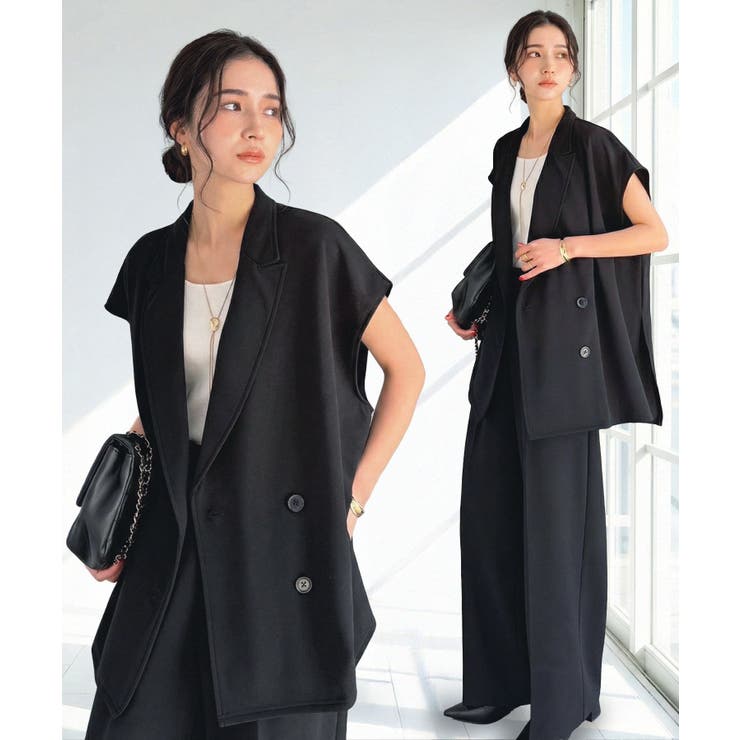 ブラック | 【2点セット】さらっと素材で上品に決まる。ダブルテーラードジレ×タックパンツセッ… | Classical Elf 