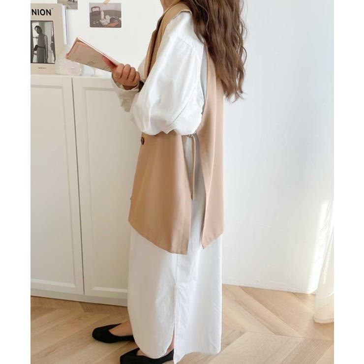 新品　vin ロングジレ　ベージュ　フリー 再入荷】オシャレ☆ ジレ ロング ベスト ベージュ フリーサイズ